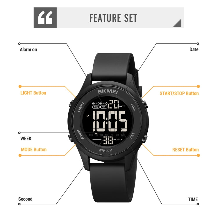 SKMEI digital LED watch with black silicone strap, round screen and buttons