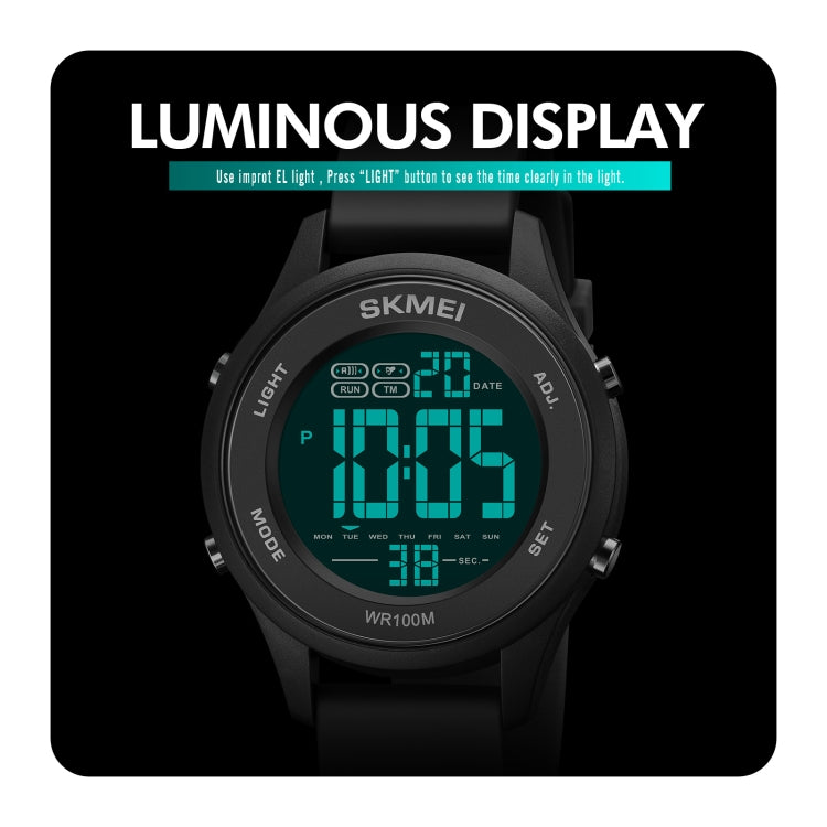 SKMEI digital LED watch with luminous green display and black silicone strap