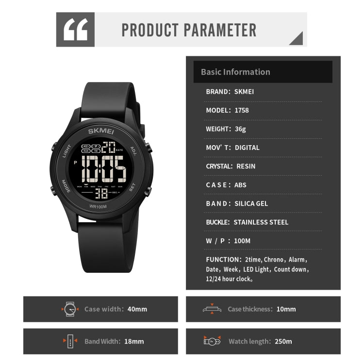 SKMEI digital LED watch with black silicone strap and round screen with digits