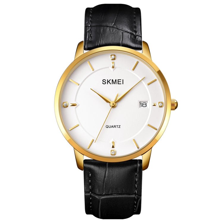 Men's quartz calendar watch with gold case, white dial, and black leather strap