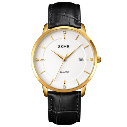 Men's quartz calendar watch with gold case, white dial, and black leather strap
