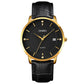 Men's quartz calendar watch with gold case, black dial, and black leather strap
