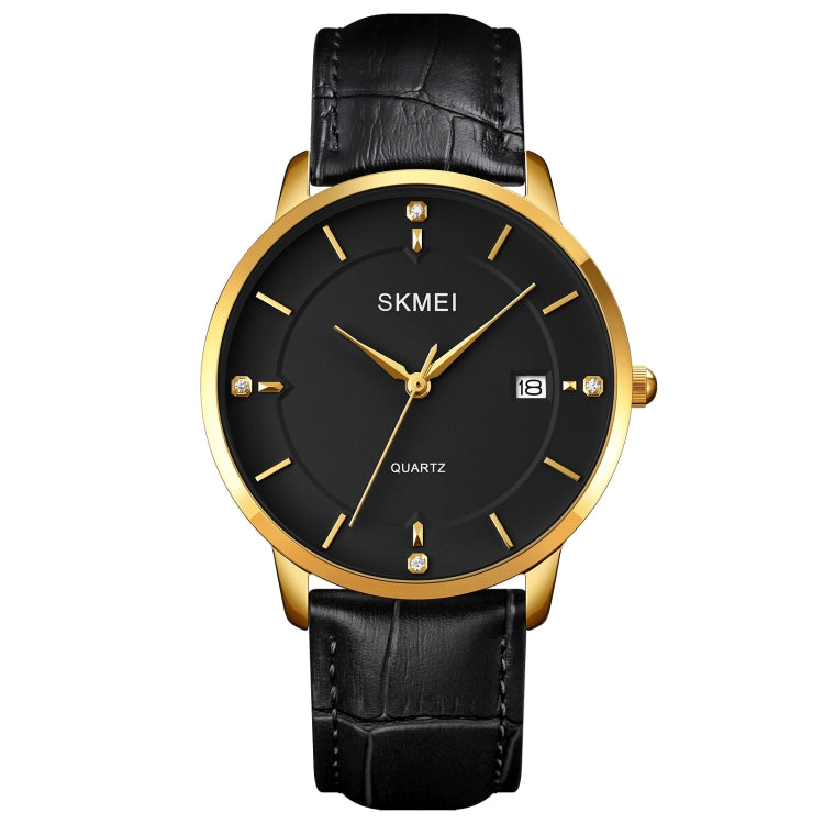Men's quartz calendar watch with gold case, black dial, and black leather strap