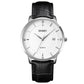 Men's quartz calendar watch with silver case, white dial, and black leather strap