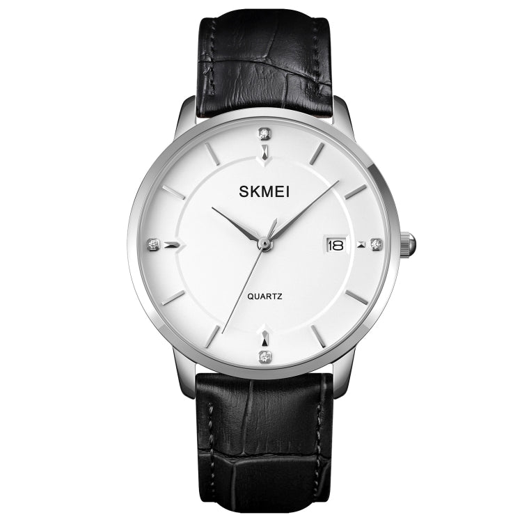 Men's quartz calendar watch with silver case, white dial, and black leather strap