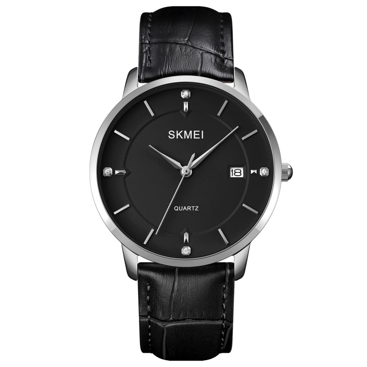 Men's quartz calendar watch with silver case, black dial, and black leather strap