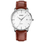 Men's quartz calendar watch with silver case, white dial, and brown leather strap