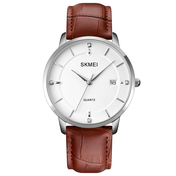 Men's quartz calendar watch with silver case, white dial, and brown leather strap