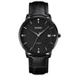 Men's quartz calendar watch with black case, black dial, and black leather strap