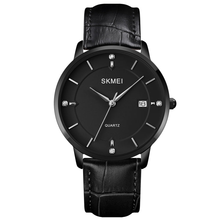 Men's quartz calendar watch with black case, black dial, and black leather strap