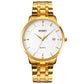 Men's quartz calendar watch with gold case, white dial, and gold metal bracelet