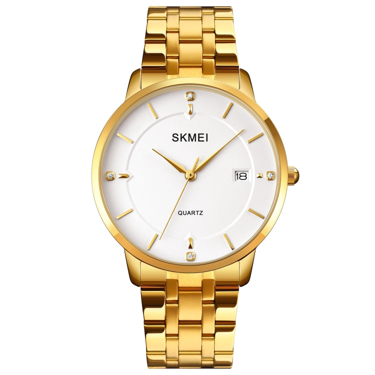 Men's quartz calendar watch with gold case, white dial, and gold metal bracelet