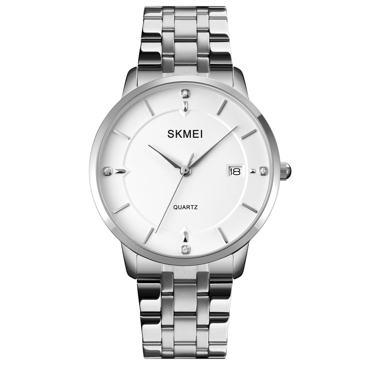 Men's quartz calendar watch with silver case, white dial, and silver metal bracelet