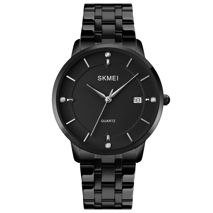 Men's quartz calendar watch with black case, black dial, and black metal bracelet