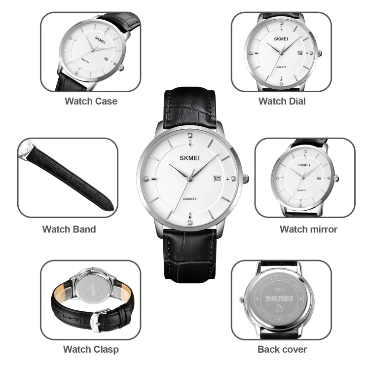 Men's quartz calendar watch with white dial and black leather strap, silver case