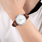 Men's quartz calendar watch with white dial and brown leather strap, silver case