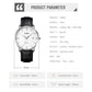 Men's quartz watch size and specs chart with black leather strap diagram