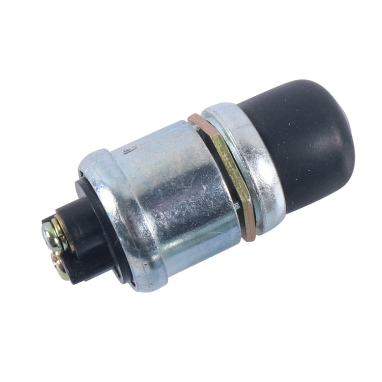 Engine start button switch, side view with black rubber cap and galvanized metal body
