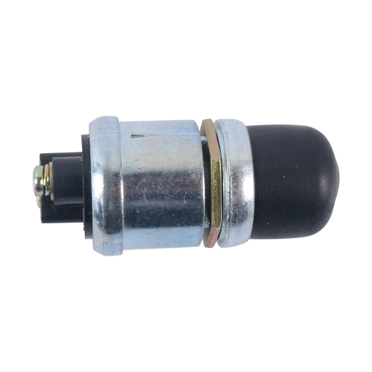 Engine start button switch with metal mounting flange and black rubber end cap