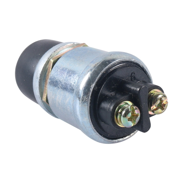 Engine start button switch with black insulator, metal housing, and two brass screw terminals