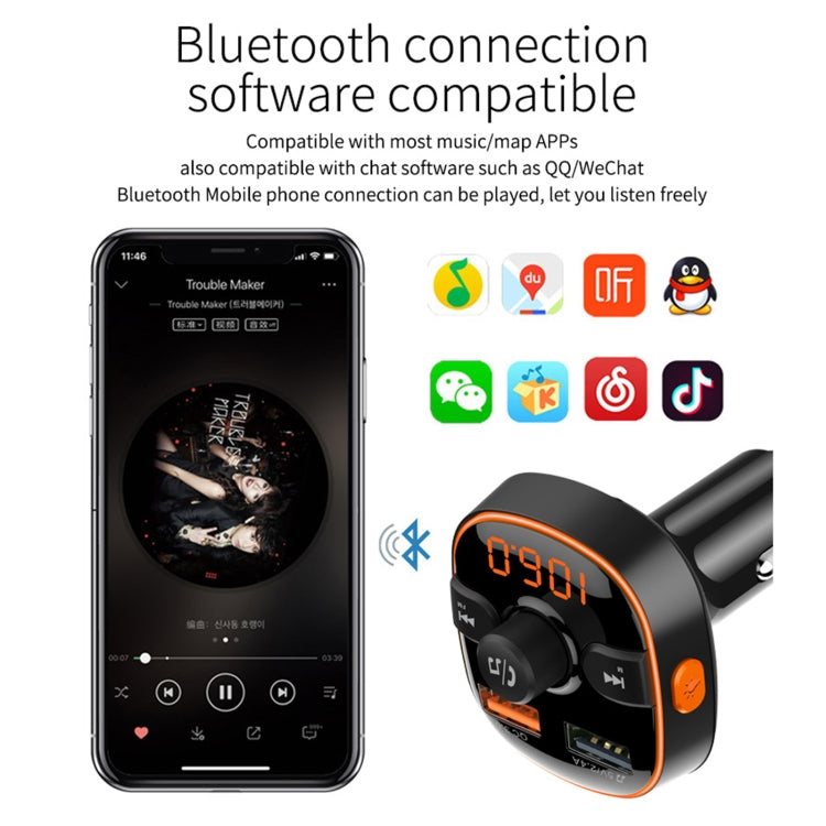 Car Bluetooth transmitter with connected phone and app icons on the screen