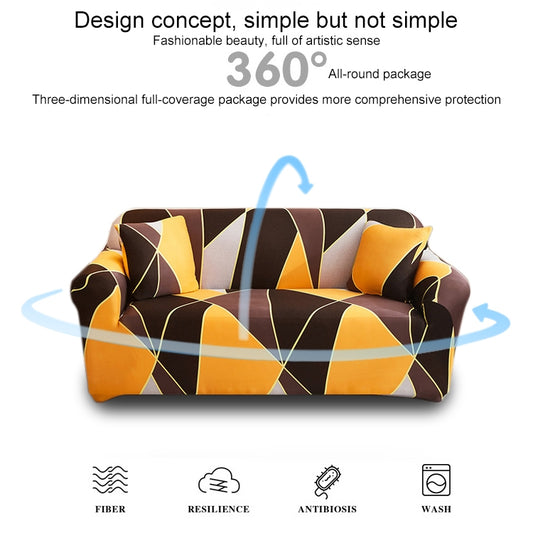 Geometric full-coverage sofa cover with black, yellow, and cream triangular design.