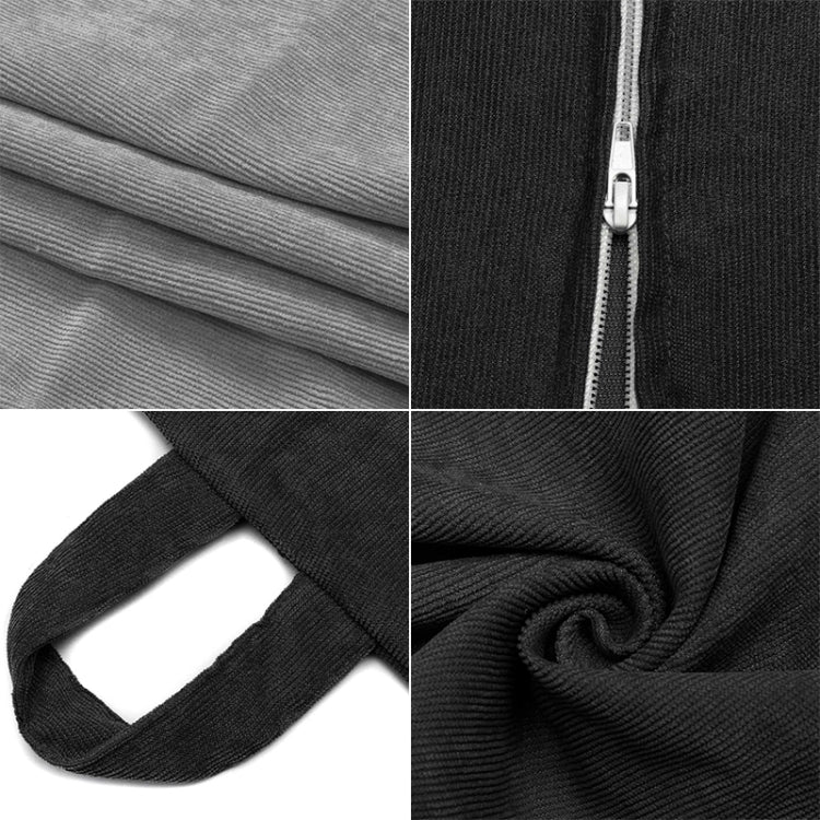 Corduroy fabric closeup with zipper track and stitched seams