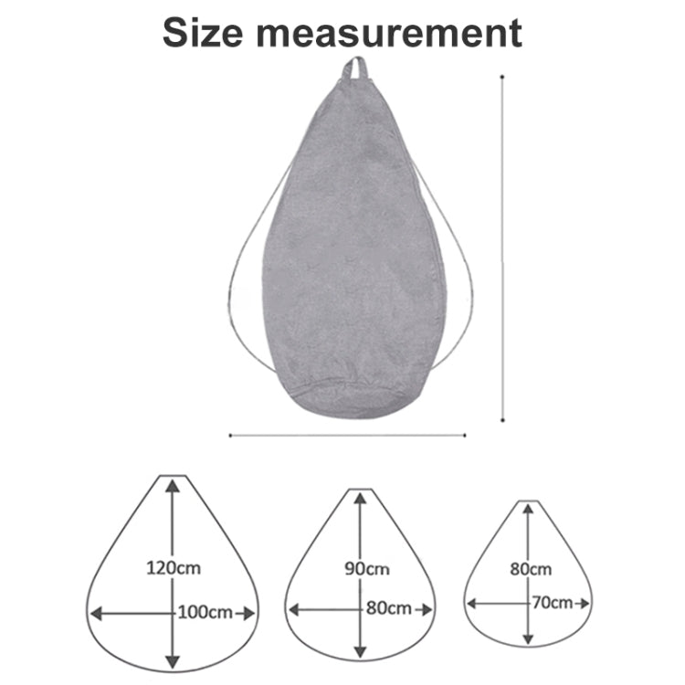 Grey corduroy bean bag chair cover with teardrop shape size diagram