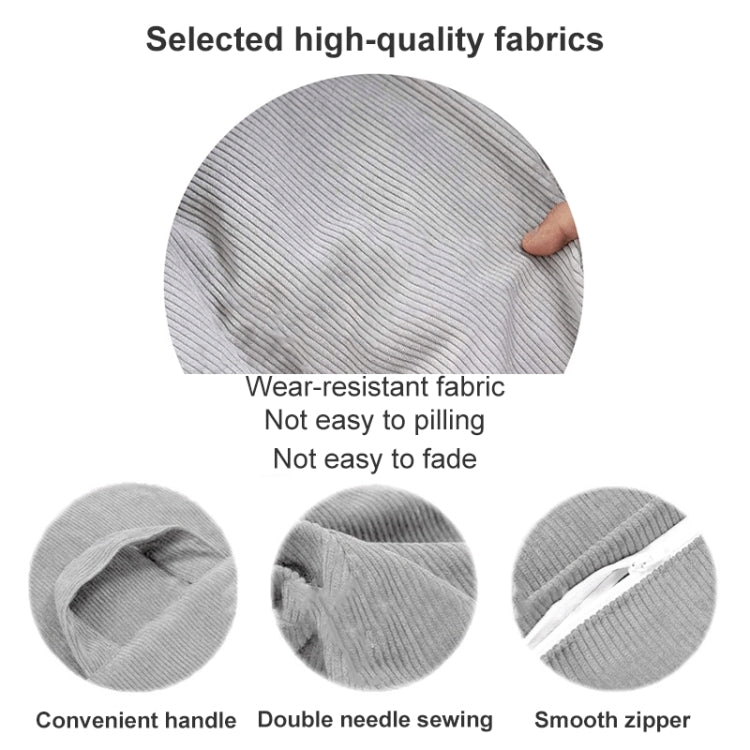 Grey corduroy fabric details with smooth zipper and double-needle stitching