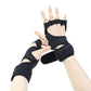 Pair of black padded gloves with hook-and-loop wrist closures, palms facing camera