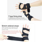 Black exercise gloves with adjustable finger straps and supportive wrist band fastening