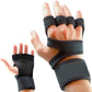 Close-up of black silicone palm glove with padded thumb and wrist strap