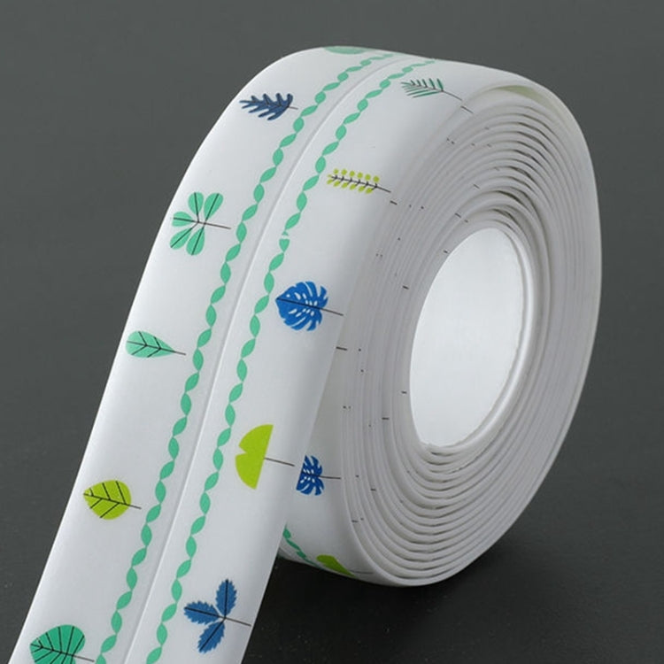 White decorative kitchen border sticker roll with green and blue leaf and flower pattern