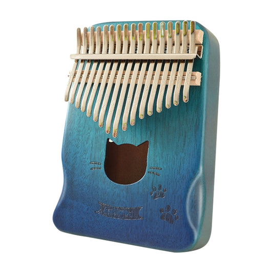 Blue wooden 17-tone kalimba thumb piano with metal tines and round sound hole
