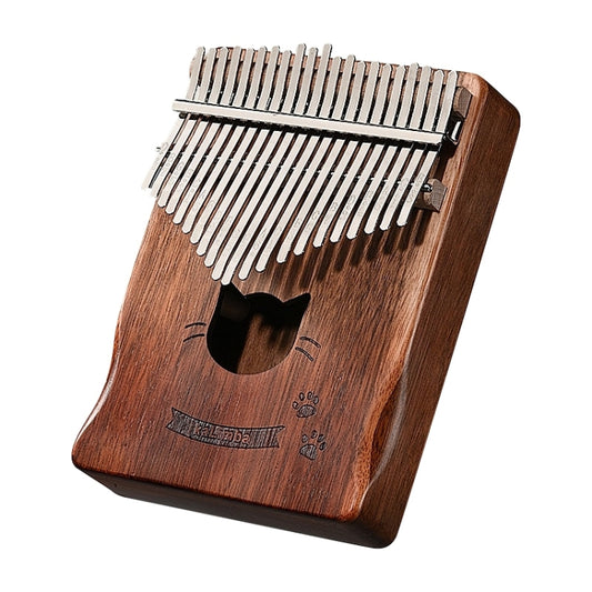 Brown wooden 21-key thumb piano kalimba with cat face motif and round sound hole