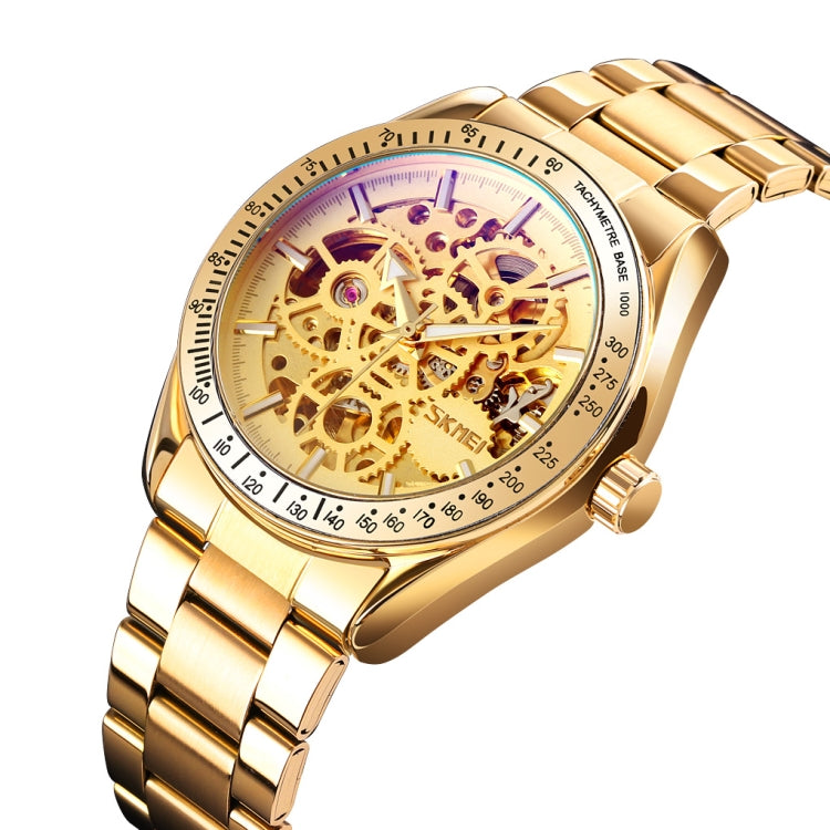 Men's mechanical skeleton watch with gold-tone bracelet and openwork dial