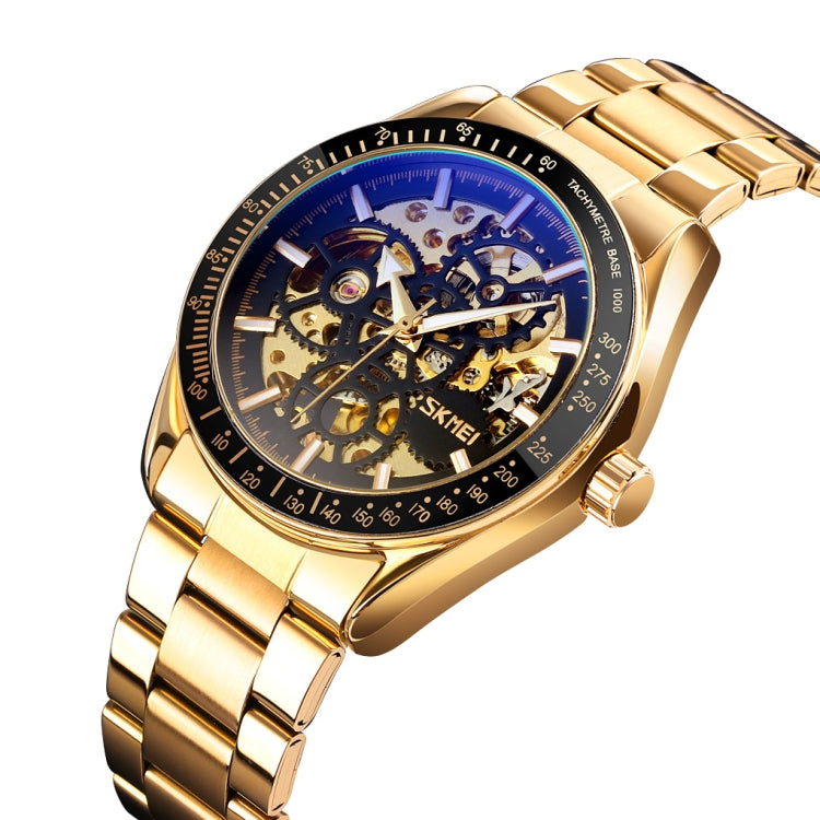 Men's mechanical skeleton watch with gold-tone bracelet and blue openwork dial
