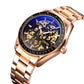 Men's mechanical skeleton watch with rose gold-tone bracelet and blue openwork dial