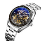 Men's mechanical skeleton watch with silver-tone bracelet and blue openwork dial