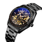 Men's mechanical skeleton watch with black-tone bracelet and blue openwork dial