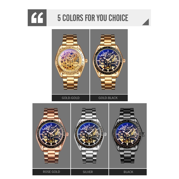 Men's mechanical skeleton watch color options showing five bracelet and dial styles