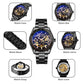 Men's mechanical skeleton watch labeled components: case, dial, band, clasp, back cover