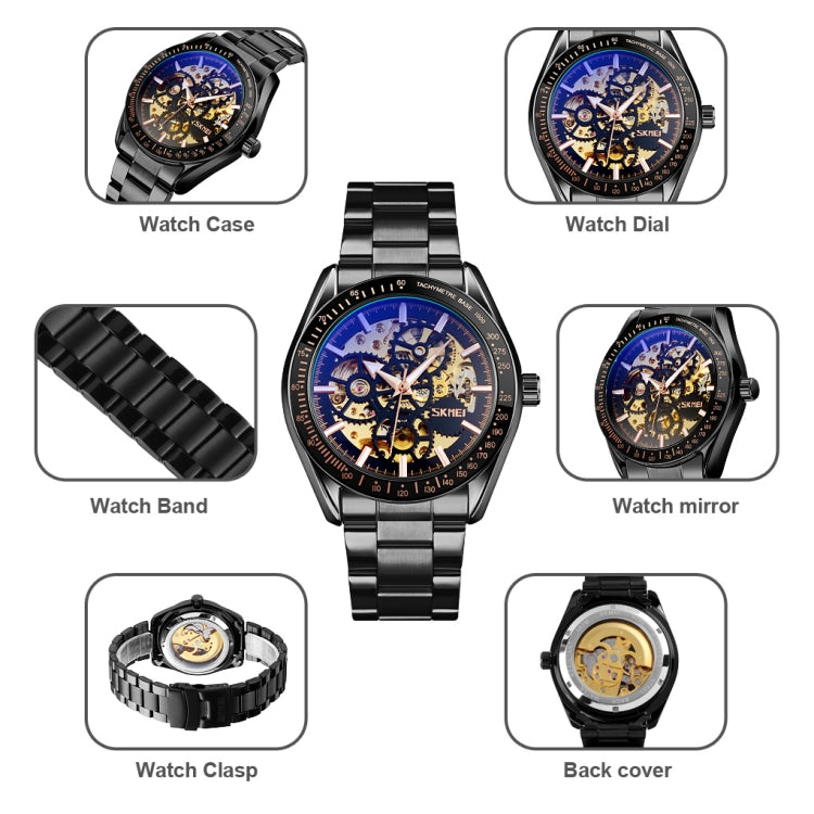 Men's mechanical skeleton watch labeled components: case, dial, band, clasp, back cover