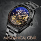 Men's mechanical skeleton watch with black-tone bracelet and blue openwork dial