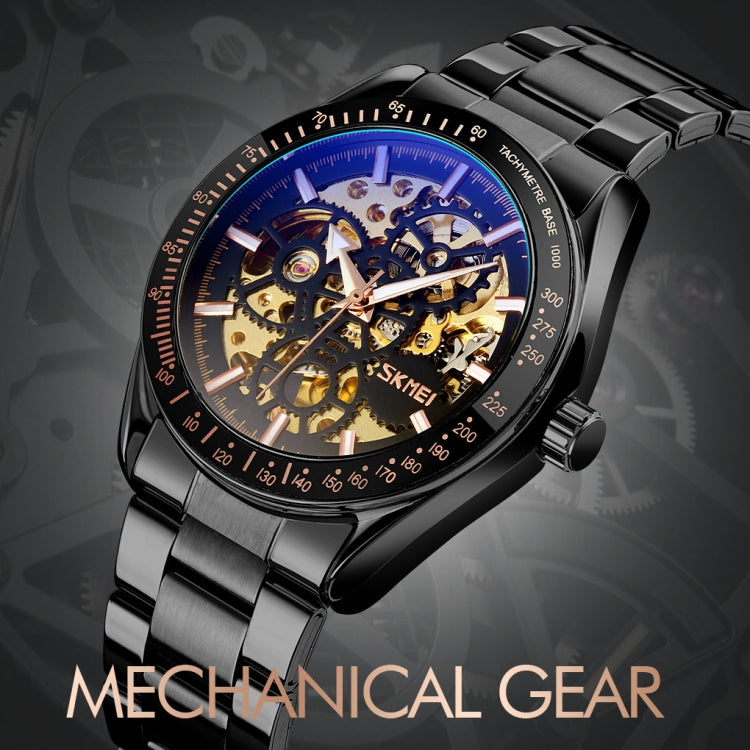 Men's mechanical skeleton watch with black-tone bracelet and blue openwork dial