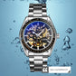 Men's mechanical skeleton watch with stainless bracelet, blue dial, 30m water resistance