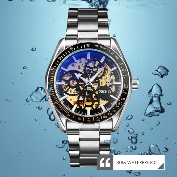 Men's mechanical skeleton watch with stainless bracelet, blue dial, 30m water resistance
