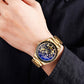 Gold-tone men's automatic mechanical watch with blue skeleton dial and link bracelet