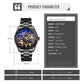 Men's automatic mechanical watch front view with blue dial, black metal bracelet