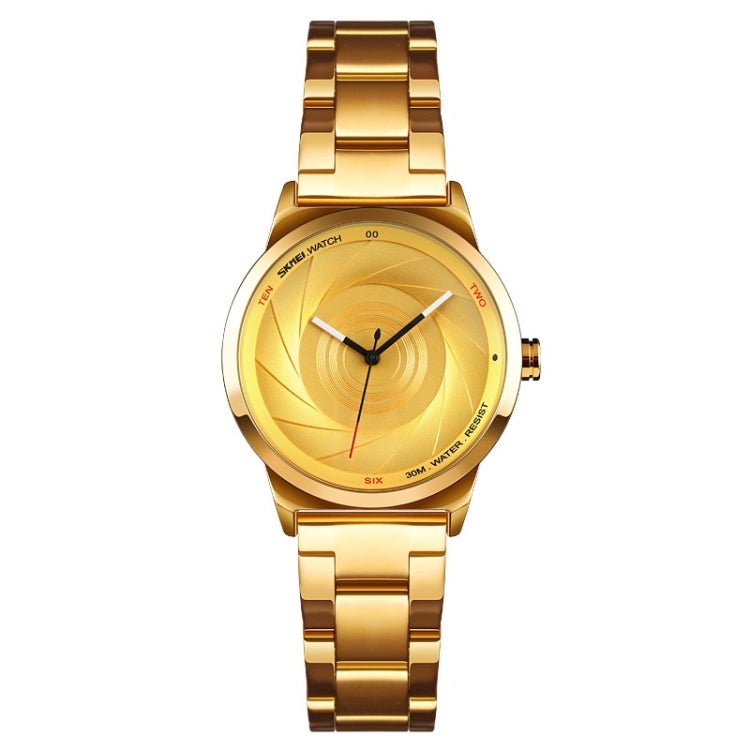 Ladies gold quartz business watch with metal link bracelet and 3D swirl dial